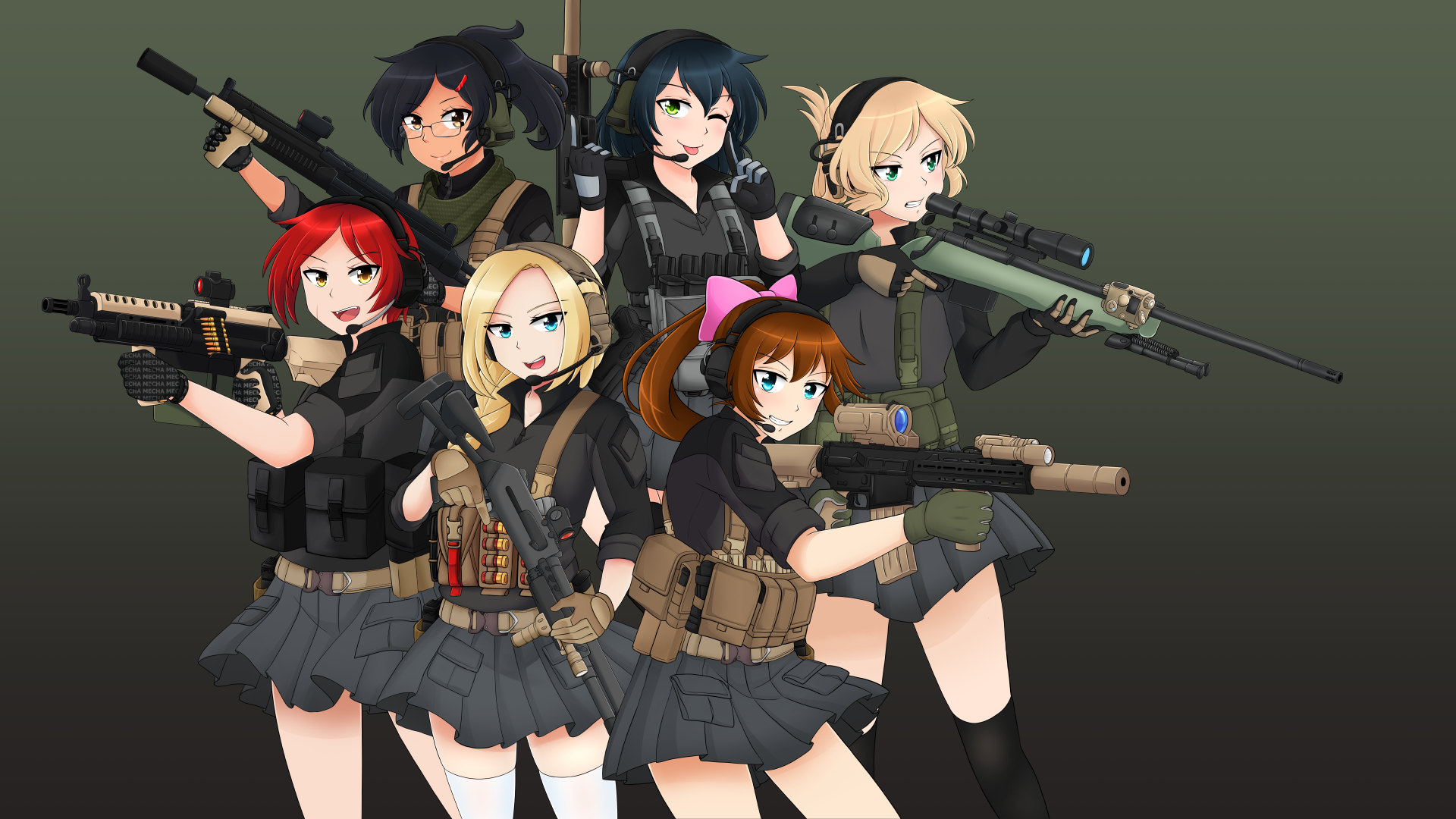 Animated characters in tactical outfits with weapons on a dark background
